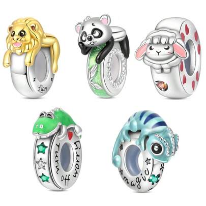 1 Silver Plated Animal Series - Lion Panda Chameleon Lamb Crocodile Bead Suitable For 3mm Bracelet Bracelet DIY Pendant Women's Fashion Accessories Festival Birthday Gift