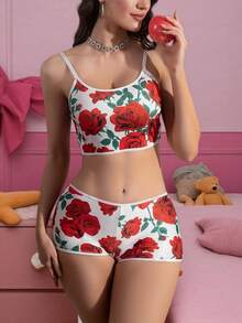 两件套女士时尚休闲精美红玫瑰印花睡衣套装 - 紅色 - 查看 1