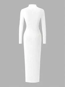 EARO 女士春夏性感高开衩褶皱紧身连衣裙，高领长袖休闲派对连衣裙 白色 优雅 - 白色 - 查看 3