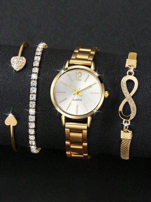 4pcs Exquisite Women's Quartz Watch Set, Simple Circular Dial, Paired With Elegant Bracelet Set, Suitable For Daily And Special Occasions, Perfect Holiday, Birthday Gifts, Fashion Accessories, Exquisite Craftsmanship, Jewelry Enthusiasts' Choice
