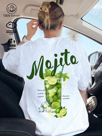 Biały T-shirt ze 100% bawełny z nadrukiem koktajlu Mojito, swobodny styl wakacyjny, nowa odzież sportowa dla kobiet na wiosnę/lato. Modny, miękki, oddychający, luźny top z krótkim rękawem.