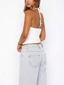 Women's Beaded Halter Tank Tops Y2K Multiple Beade Strap Slim Fit Crop Tops Sleeveless Open Back Cami Tops Solid Color Scoop Neck Vest Casual Tee Shirt For Beach Streetwear Summer Outfit - 白色 - 查看 8