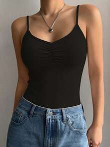 1 chiếc áo hai dây nữ cơ bản, thoải mái, có đệm ngực, cổ chữ V ôm sát, không tay, chất liệu gân. - màu đen - Xem 3