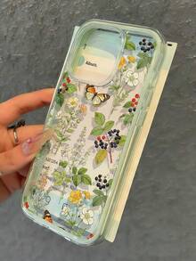 1pc 2-In-1 Green Butterfly Flower Leaf Print Phone Case Compatible With Apple 17/17Pro/17ProMax/16/16Pro/16ProMax/15/15Pro/15ProMax/14/13/12/11, Shockproof Soft Protective Cover - Green - View 3