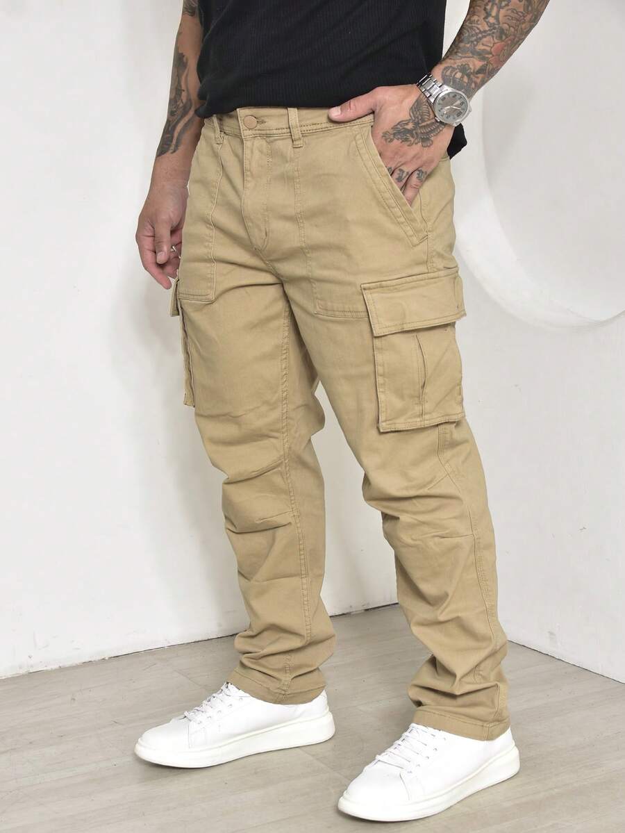 Calças Cargo Masculino Sarja Casuais com Multi-Bolsos Com Lycra