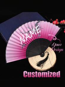 Custom Pink Floral Pattern Decorative Folding Chinese Fan, Customizable Name Chinese Folding Fan With Tassel, Suitable For Party, Dance - Multicolor - View 8
