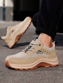 GUYISA 大网眼透气安全鞋，钢头防砸防刺休闲鞋，软橡胶鞋底，时尚高帮功能性工作鞋 - 卡其色 - 查看 2