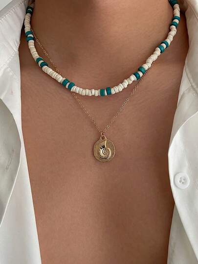 2件套复古贝壳吊坠、椰木珠、几何链条项链套装，可叠戴的魅力饰品，适合嘻哈、摇滚、街头、哥特、派对、日常佩戴，情侣礼物，时尚项链