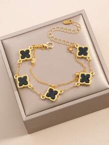 1条幸运四叶草吊坠商务休闲男童手链，适合日常佩戴、约会、送礼（第一层珠子数量随机变化） - 黑色 - 查看 5