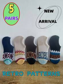 5 Pairs Men's Low Cut Socks, Rhombus Non-Slip Breathable Boat Socks, Invisible Socks Suitable For All Seasons, Random Delivery - Multicolor - View 3