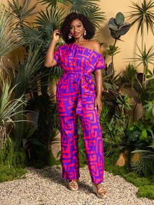 Faeriesty Eleganter Jumpsuit in Große Größen: Weites Bein Jumpsuit mit drapiertem Stehkragen Design, durchgängiger künstlerischer Grafikdruck, Taillen-Bindung - ideal als Outfit für Hochzeitsgäste, Outdoor Braut-Fotoshootings, romantische Garten-Porträts, tropische Zeremonien, Boho-Chic Mode-Redaktions-Urlaubs-Sommer - Rot-violett - Übersicht 5