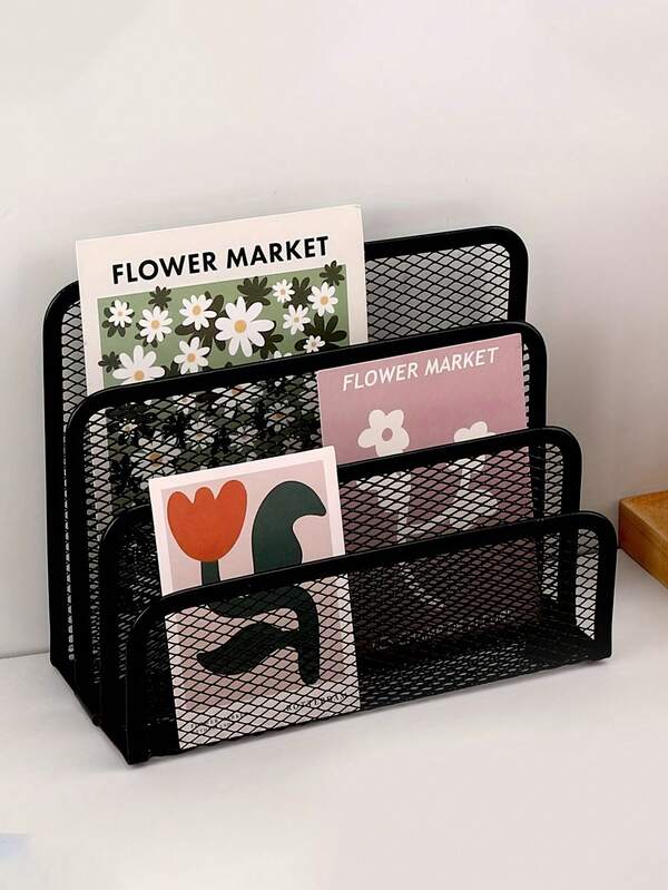 Organizador de escritorio de rejilla de alambre metálico multiusos con estantería, portaarchivos, ranuras para sobres/tarjetas - Estantería de almacenamiento independiente que ahorra espacio, adecuada para la decoración de la oficina en el hogar, diseño de almacenamiento vertical compacto para el hogar y la oficina