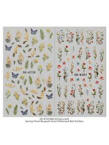 2pcs Spring/Summer Floral Embossed Nail Art Stickers - Delicate Colorful Flowers, Vines, Wheat, Butterflies, Tulips DIY Design, Suitable For Women's Daily, Wedding, Holiday One-Time Self-Adhesive Nail Stickers, Minimalist, Luxurious Theme Style, Easy To Apply Nail Decorations Nail Supplies Nails - Multicolor - View 6