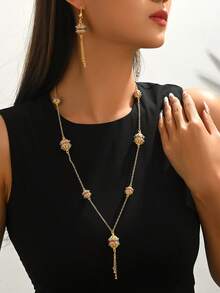 Bộ trang sức ngọc trai giả đèn lồng cổ điển 3 món, Bộ trang sức đá Jasper Zirconia mạ đồng, Bộ trang sức sang trọng theo phong cách Bohemian cho đám cưới, tiệc, lễ hội - Vàng - Xem 9