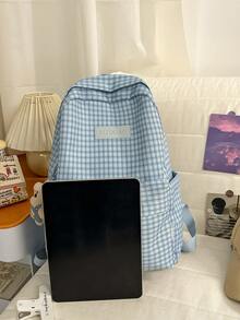 1pc Nylon Plaid Cute Backpack, Fashion Casual Large Capacity Student Bag, Unisex - Blue - View 6
