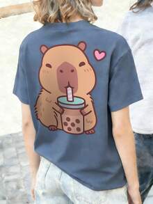 少女休闲印花圆领短袖T恤，深灰色，夏季上衣 - 霧霾藍 - 查看 7