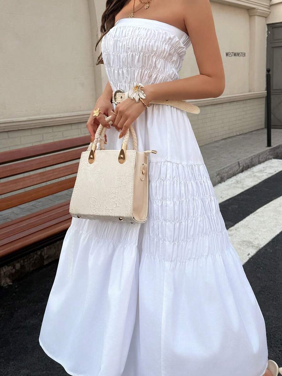 Women's Long White Pleated Skirt, Non-Stretch Fabric, Suitable For Daily Wear - White - View 1