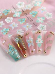 5D Autocollants d'art pour ongles avec fleurs d'orchidées bleu-vert océan, fleurs françaises dorées acryliques, pétales aquarelle de style fée, cadre doré, gouttes d'eau, décalcomanies de style japonais Y2K, charms en relief, décorations de manucure et fournitures pour ongles - Multicolore - Voir 8