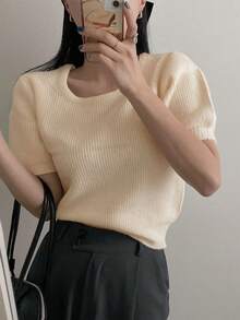 女士纯色方领修身休闲针织上衣（夏季款） - 杏色 - 查看 3