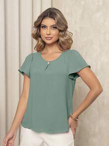 ALETHEIA - PRINCESS SHORT-SLEEVED BLOUSE WITH DELICATE PEARL AT THE NECKLINE, DUNAS AIR FLOW FABRIC, WOMEN'S BLOUSES, MOTHER'S GARMENTS - 橄欖綠 - 查看 2