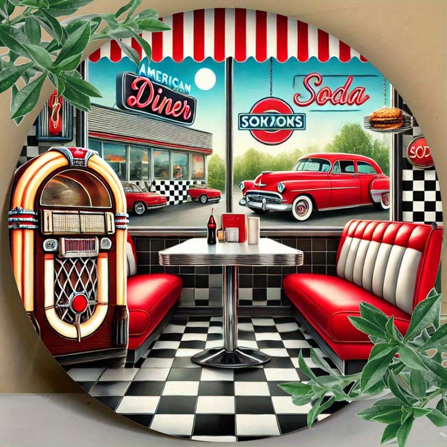 1 pezzo Decorazione da parete in metallo piatta 2D - Vintage American Diner, Cartello rotondo diametro 19,81 cm, tetto a scacchi rosso e bianco, jukebox e auto d'epoca - Regalo ideale per uomini, donne e amici - Decorazione perfetta per ingresso, veranda, soggiorno e camera da letto | Decorazione da parete vintage | Arte in metallo, Decorazione da parete in metallo, Fori pre-praticati come mostrato nella tabella delle dimensioni - Multicolore - Visualizzare 1