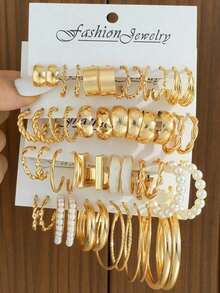 48pcs/Set Minimalist Metal C-Shape Faux Pearl Hoop Earrings Set, Unisex Couple Casual Daily Party Accessory, Gift For Friends, Mom, Girlfriend - 銀色 - 查看 7