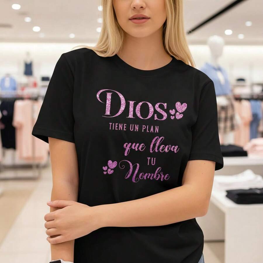 Women's Cotton Short Sleeve T-Shirt With "Dios Tiene Un Plan Que Lleva Tu Nombre" Glitter Print, Casual Crewneck Tee, S-5XL Sizes, Black Basic Top For Daily Wear,  Religious Graphic Tshirt - màu đen - Xem 1