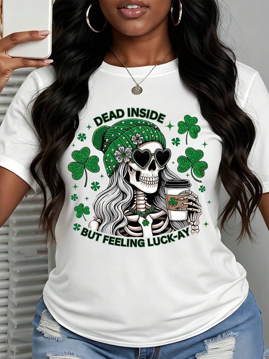 Women's T-Shirt St Patricks Day Skeleton With Coffee And Clover Print Dead Inside But Feeling Luck Ay Design For Casual Wear Party Celebration - White - View 1