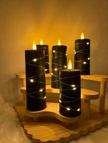 5/4/2pcs Set Black Battery Operated Flameless Candles With Remote Control Timer, Realistic Flickering Flame, Romantic Ambiance, For Tabletop, Bedroom, Party, Holiday Decor - Black String Lights - View 4