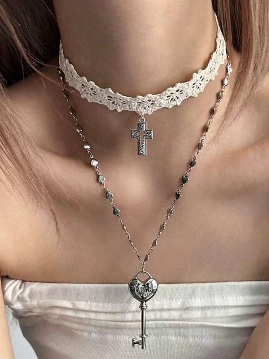 2件套 Y2K 白色蕾丝交叉带钥匙项链，女士甜美酷炫爱心双层项链，时尚派对饰品礼物 - 項鍊 - 查看 1