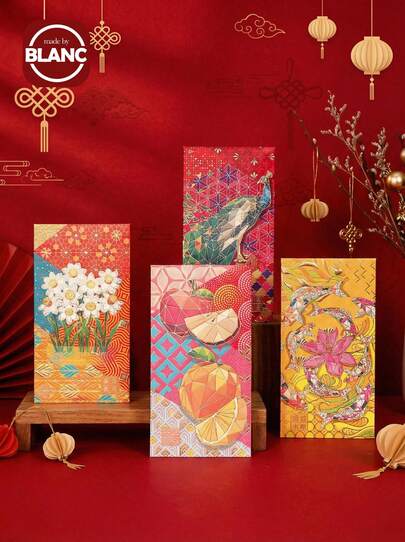 4个中国新年红色花卉灯笼图案压岁钱红包，多色节日感谢卡，适用于婚礼、生日、商务庆典、中国新年礼物，带金色点缀，2个/6个随机颜色
