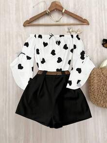 女士度假穿搭，女士夏季穿搭，时尚百搭优雅露肩长袖日常上衣 - 黑與白 - 查看 6