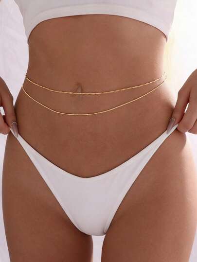 1 pieza Cadena de cintura de perlas de doble capa, adecuada para el estilo de vacaciones en la playa dulce y elegante, joyería corporal para mujeres