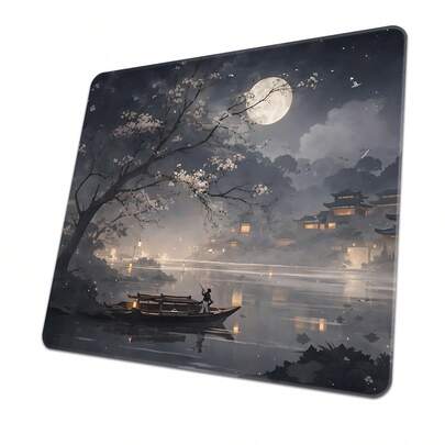 1pc Chinese Style Moonlit River Glass Mouse Pad, Ink Wash Jiangnan Water Town Design, Hard Gaming & Office Dual-Use Pad, Smooth Control & Precise Tracking, Scratch-Resistant For Workplace & Gaming