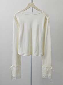 Apricot V-Neck Long Sleeve T-Shirt For Women, Autumn/Winter, Lace Trim Design Undershirt - Apricot - View 7