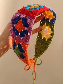 1pc Handmade Crochet Floral Lace Knitted Long Headband, Spring/Summer Ins Vibe Accessory, Floral Countryside Style Headscarf, Retro French Knitted Handmade Headband, Sweet & Cute Daisy Crochet Holiday Essential Hair Accessories Summer Beach Hair Bands,Travel - Multicolor - View 13