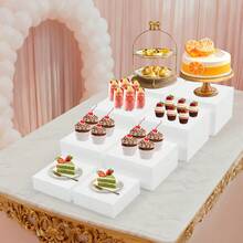 8 Piece White Acrylic Display Stand Set, 4 Sizes Rectangular Dessert Display Riser, No Assembly Hollow Base Countertop Stand, Reusable For Bakery Wedding Party Home Collectible Cosmetic Display - White - View 2