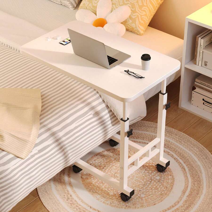 Height Adjustable C Table Overbed Bedside Table With Wheels Storage Shelves - White - View 1