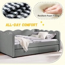 YOGLAD Full & Queen Size Gingham Daybed Sofa Bed With Storage Drawers And USB Port, Upholstered Linen Day Bed With Wave Shaped Frame, Multifunctional Couch Bed With 2 Rolling Drawers For Bedroom Living Room Guest Room - Xem 5