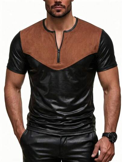  [ROYALBOY] Spring New Black Faux Leather Patchwork Fleece Mock Neck Short Sleeve, Suitable For Gatherings, Parties, And Daily Wear