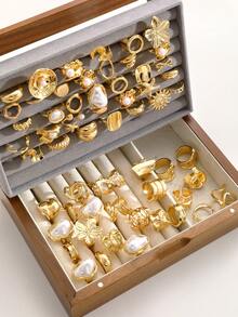 1 Set Vintage Multi-Piece Stackable 21/23/47/68pcs Heart, Pearl, Flower, Geometric, Cross, Eye, Leaf, Crystal, Bling Bling, Star, Tassel, Moon, Sun, Round Bead, Round, Square, Wave, Multi-Layer, Rope, Chain, Hollow, Braided, Minimalist, Smooth Plain Ring, Multi-Element Metal Style Rings, Fashion, Elegant, Retro Design, Suitable For Holiday, Party, Date, Gift, Daily Wear (Random Delivery) - Yellow Gold - View 11