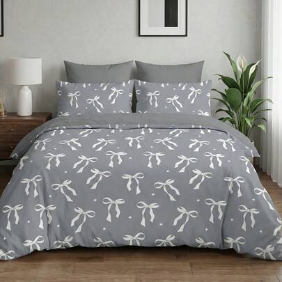 2/3pcs Duvet Cover Set, Soft & Breathable Bedding Set, Skin-Friendly, Cartoon Style Duvet Cover Set, Soft & Pilling Resistant, Cute Home Textile, Room Decor, Gray Base White Bow Print Duvet Cover Set, Includes Duvet Cover & Pillow Case(S), Duvet Insert Not Included, Fits Twin/Full/Queen/King Size Bed, Suitable For All Seasons, Fashionable & Adorable Duvet Cover Set For Bedroom & Dorm, Machine Washable, OEKO-TEX Certified