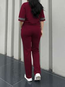 两件套女士春秋季圆领短袖T恤和松紧腰宽松裤套装，休闲日常穿着 - 酒紅色199 - 查看 5