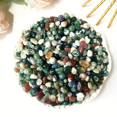 天然100克苔藓玛瑙水晶碎石，抛光处理，适用于室内植物、鱼缸填充物、花盆、装饰石、珠宝制作、特雷维瓶、家居装饰