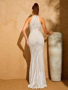 LOVE&LEMONADE Đầm dạ hội dáng dài không tay, cổ tàu, màu trơn, ôm sát, kiểu đuôi cá, dành cho nữ, thích hợp cho tiệc mùa xuân và đám cưới. - Màu be - Xem 6