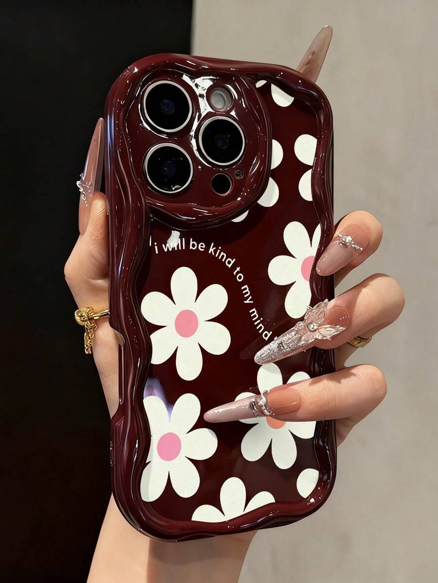 Floral Cream Wavy Edge Burgundy Minimalist Shockproof Thick Phone Protective Case, Compatible With Iphone 17/17 Pro/17 Pro Max, 16 XR/7/8, 15 Pro Max, 12 Pro Max, 13 Pro Max, 14 Pro Max, 13, 14, 11, 12P, 14, P11, Soft Shell, P12 Anti-Drop, XS, XR, 7/8P, 7/8GES2 - Multicolor - View 1