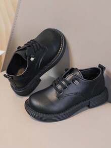 1双男童新款时尚黑色低帮平底鞋，软底防滑儿童小皮鞋，英伦风儿童休闲乐福鞋，适合春、夏、秋、冬四季穿着。 - 黑色 - 查看 1