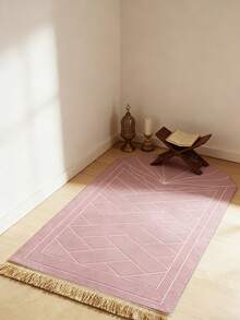 1pc Elegant Floral Pattern Prayer Mat - Soft Flannel Material, Machine Washable, Rectangular Comfortable Mat With Golden Accents, Mosque Design For Indoor Use, Velvet Material With Pink Striped Tassels - Pink - View 4