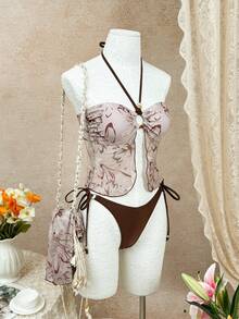 New Sexy Floral Print Mesh Beaded 3-Piece Bikini Set, Halter Swimsuit, Suitable For Beach, Pool Party, Spring/Summer - Brown - View 11