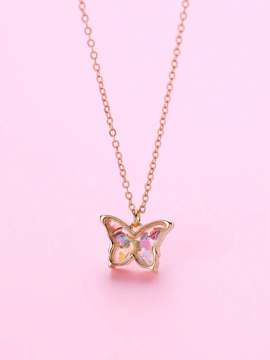 1件装女孩可爱蝴蝶锌合金吊坠项链，饰有心形和星星亮片，适合日常佩戴和作为礼物 - 均碼 - 查看 1